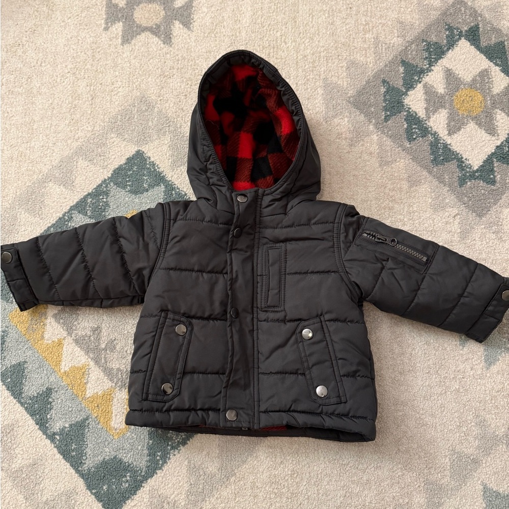 Carter's Toddler Boys Charcoal Gray Jacket with Red Plaid Lining, Size 12 Months